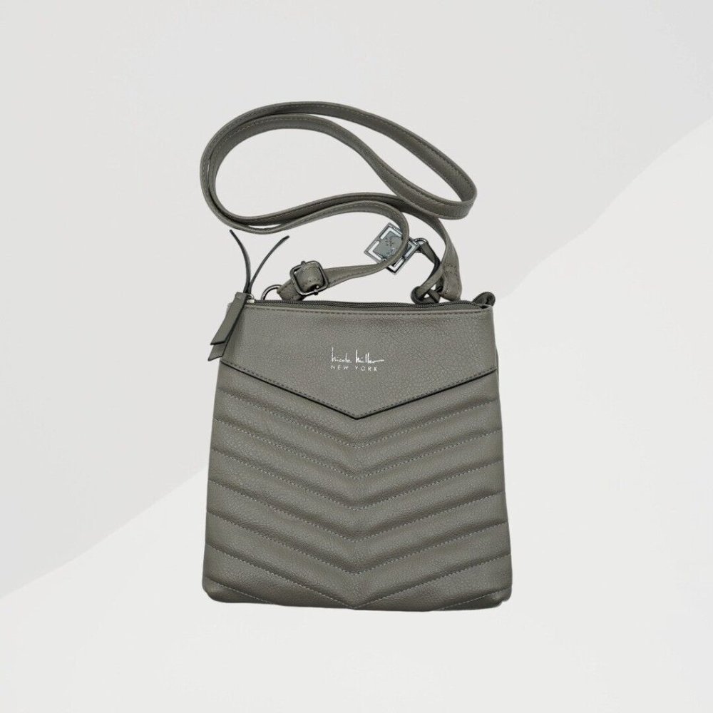 Nicole‎ Miller New York Purse Slate Grey Diagonal Stitch Front Zip Crossbody